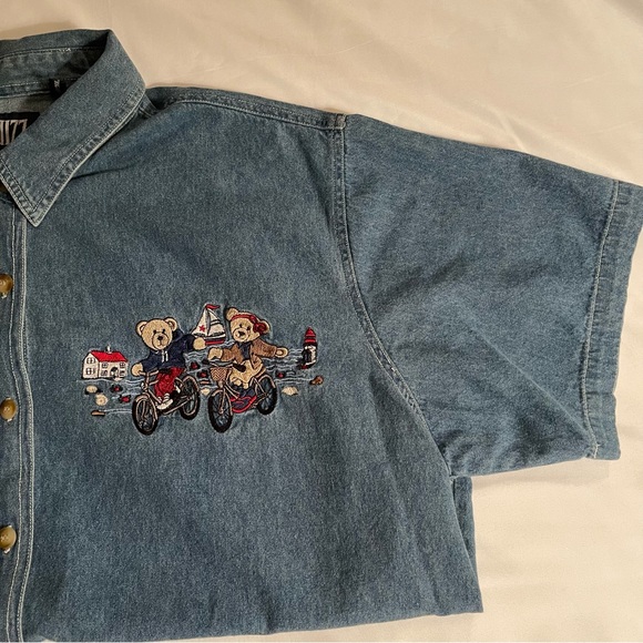 Quizz Womens Denim Jean Embroidered Teddy Bears Button Up Shirt Size 20 - Picture 2 of 7